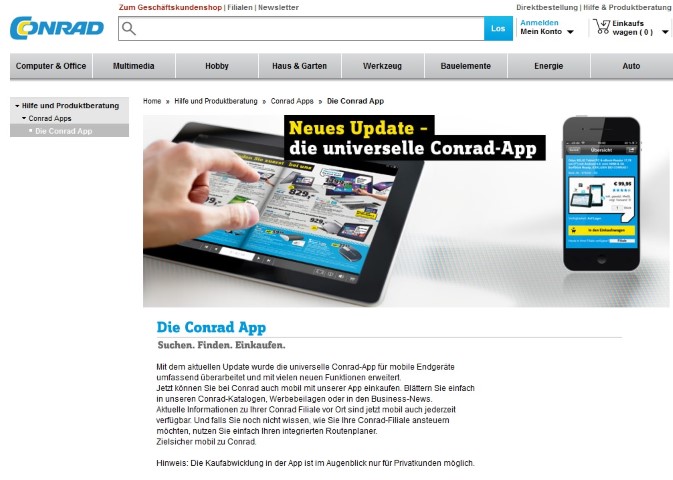 Die Nutzung der Conrad App auf einem Tablet