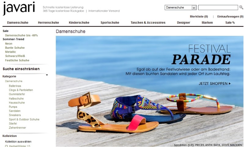 Spezielle Aktionen wie zur Festival-Saison zeigen die aktuellen Trends. (Bild: Screenshot Javari.de)